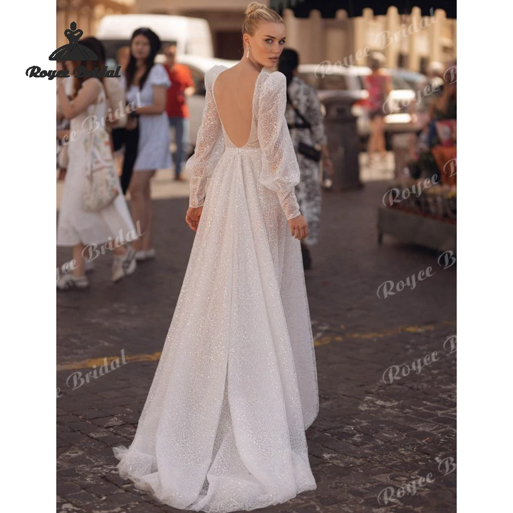 Sexy Shining Deep V Neck A Line Wedding Dresses 2026 Puff Sleeves Slit Customized Beach Bridal Gown Custom Vestido De Novia