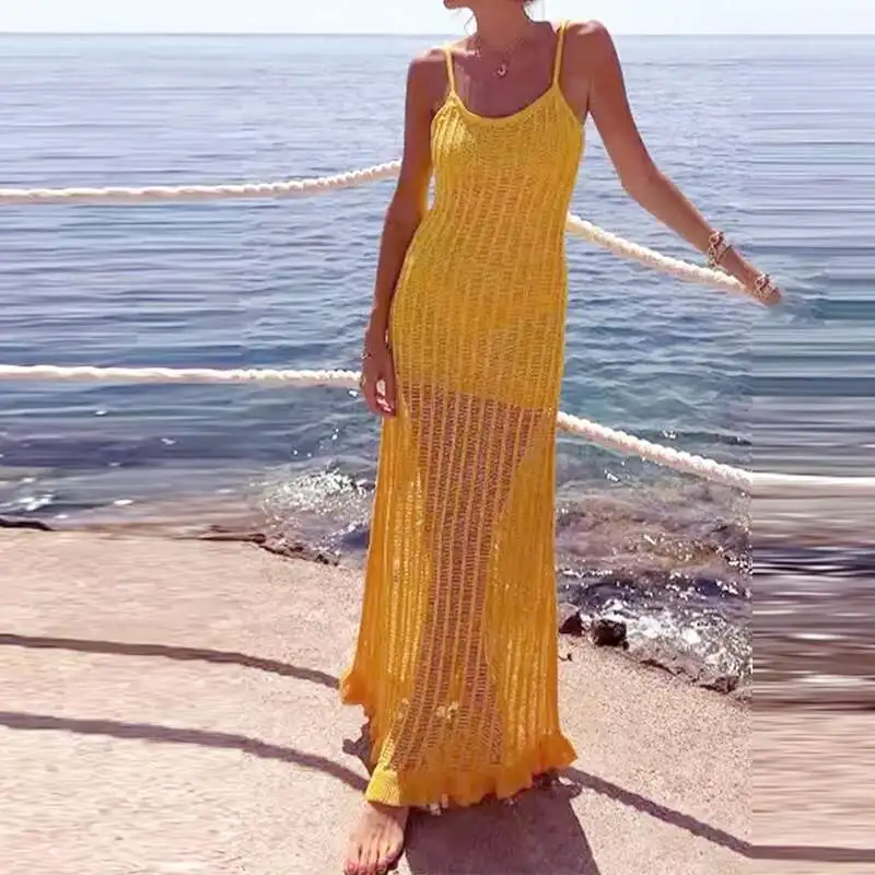 Gelbe Hosenträger Strand Sexy Hohl Gestrickte Slim Fit Cover Up Langes Kleid Sommer Urlaub Frauen O Hals Ärmellose Badeanzug