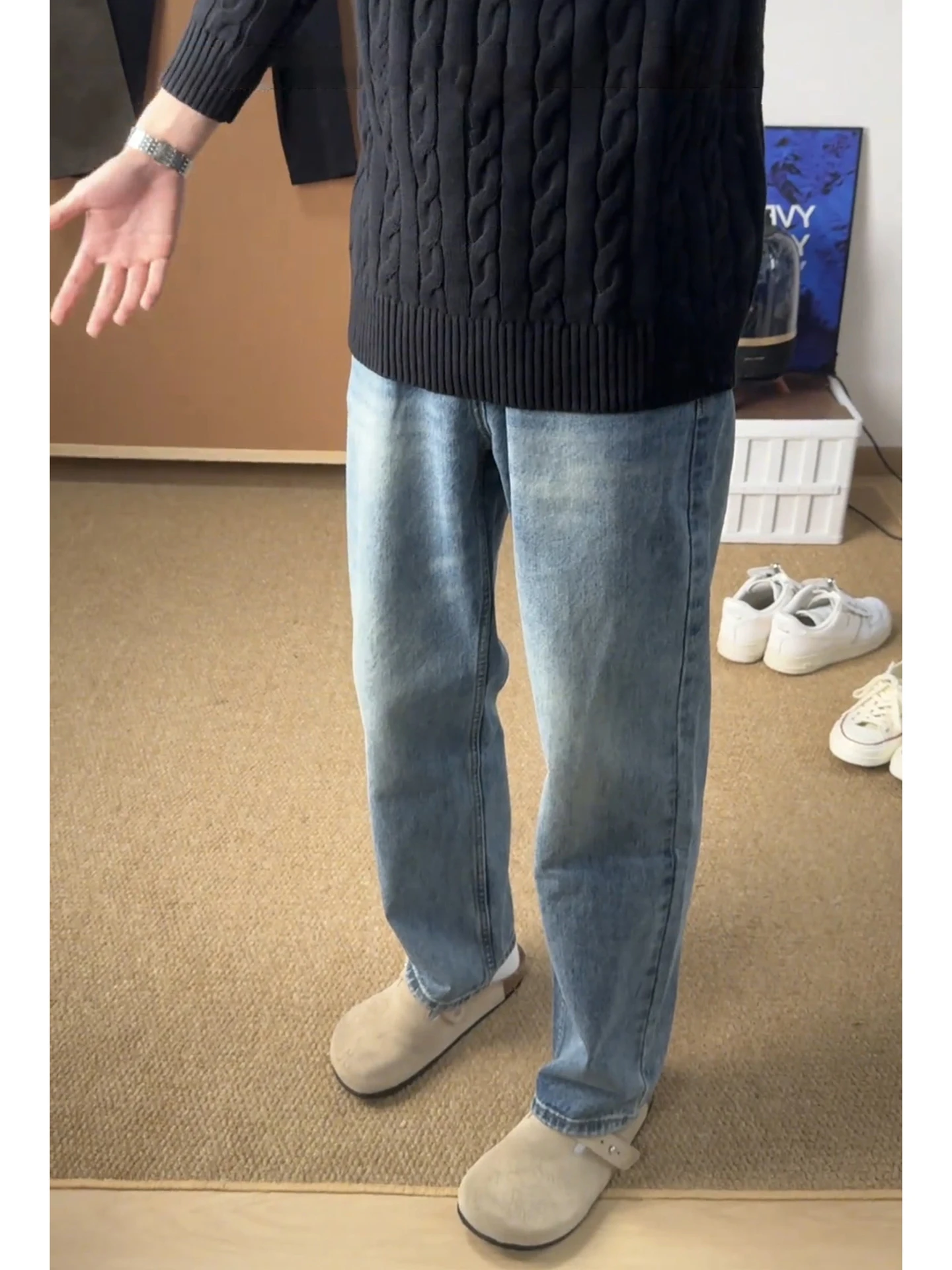 

Retro Blue Straight Leg Men's Jeans High Waist Lift Vibe Pants Leg Lengthening Slimming Micro Flared Pants Casual Youth Sle