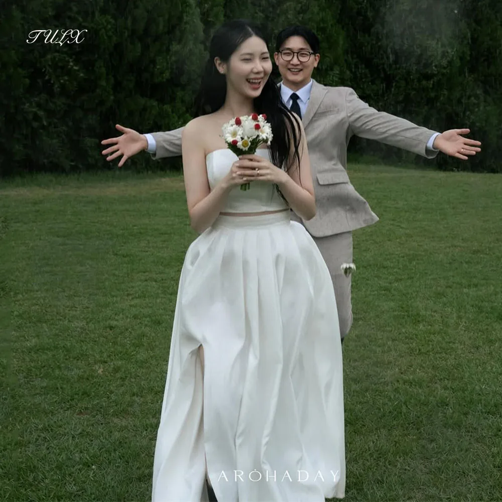 

TULX Elegant Ivory Satin 2Pcs Wedding Dress Korea Photo Shoot Strapless A line Long Bridal Gowns Corset Customized 웨딩드레스