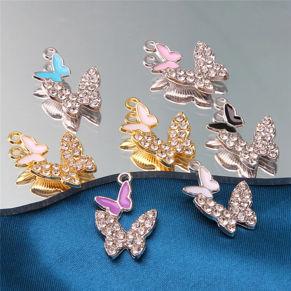 10pcs Fine Rhinestone Double Butterfly Alloy Charms DIY Trendy Design Necklace Bracelet Hair Decoration Making Accessories