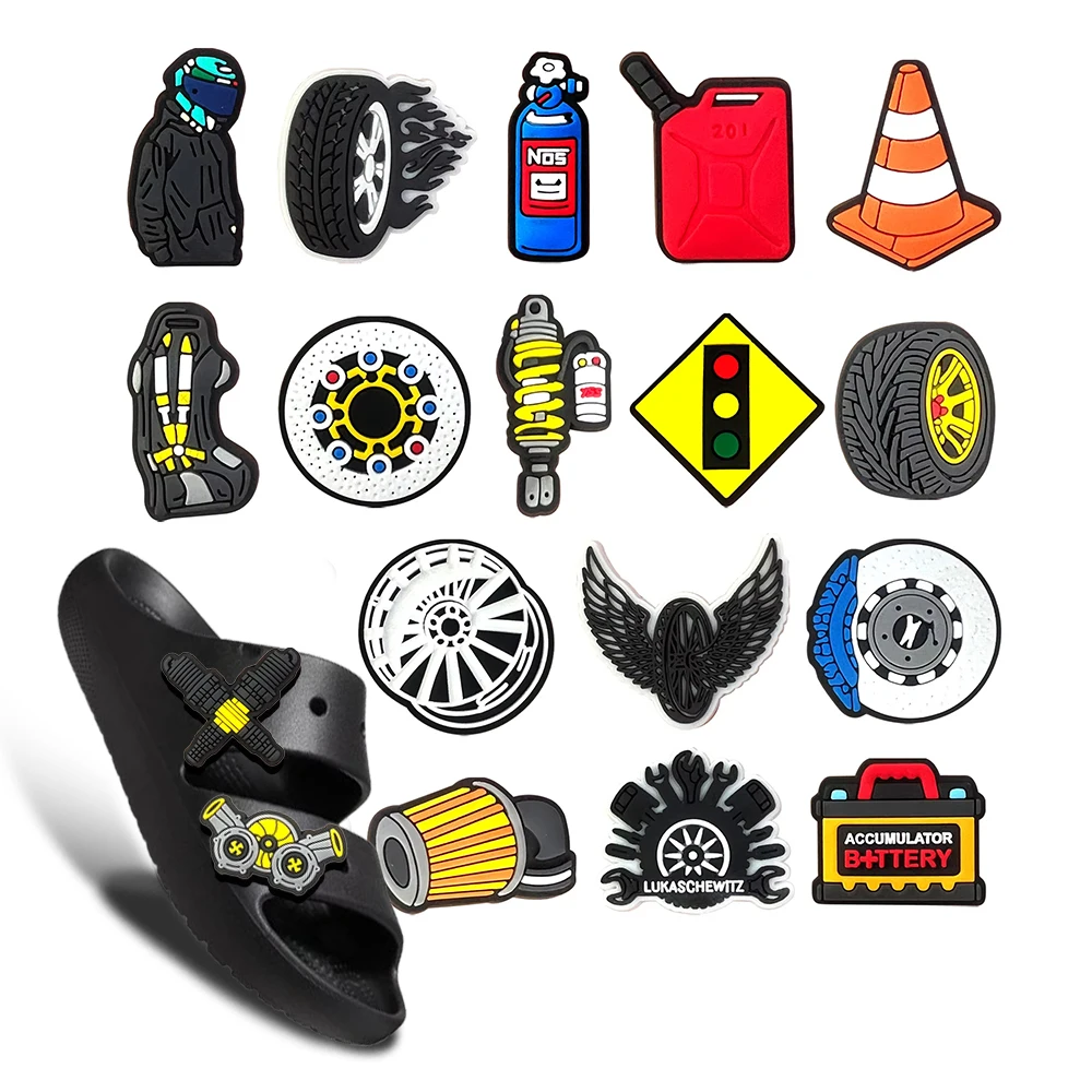 

1-18Pcs Various Car Tyres Seat Oil PVC Mix Shoes Buckle Charms Man Clog Decorations Fit Backpack Party X-mas wholesale Present