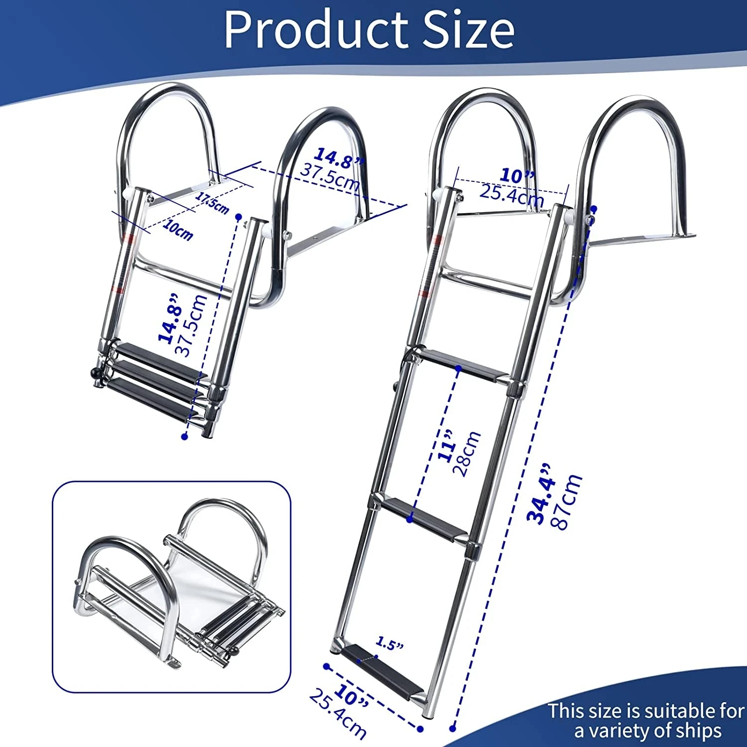 Boat Accessories 3 Step Stainless Steel Boat Boarding Telescoping Ladder Sliding Folding Swimming Launching Ladder