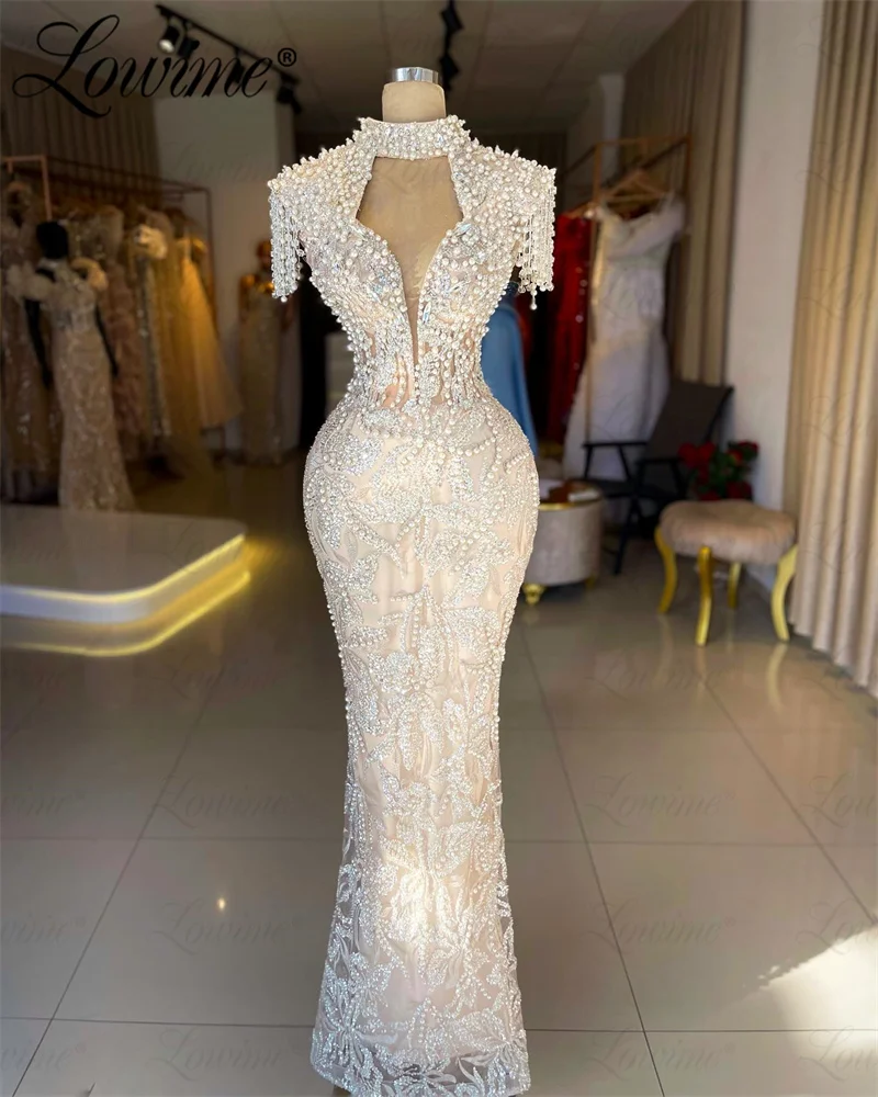 

Lowime 2024 Haute Couture Light Champagne Pearl Beaded Party Dress Vestidos De Noche Formal Evening Dresses Long Prom Gowns