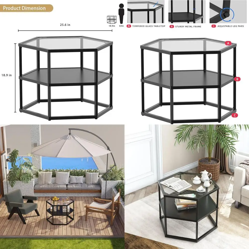 

Modern 2-Tier Black Coffee Table with Metal Frame for Living Room and Home Office