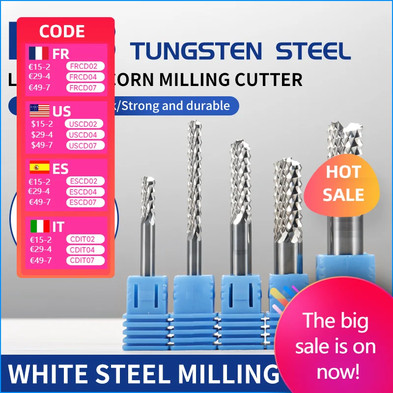 

HRC60 Концевая фреза для кукурузы Фрезы D1.0*7*D3.175*38L/D2*10.5*D3.175*38L/D6*22*D6*50 Кукурузная фреза из сплава вольфрамовой стали