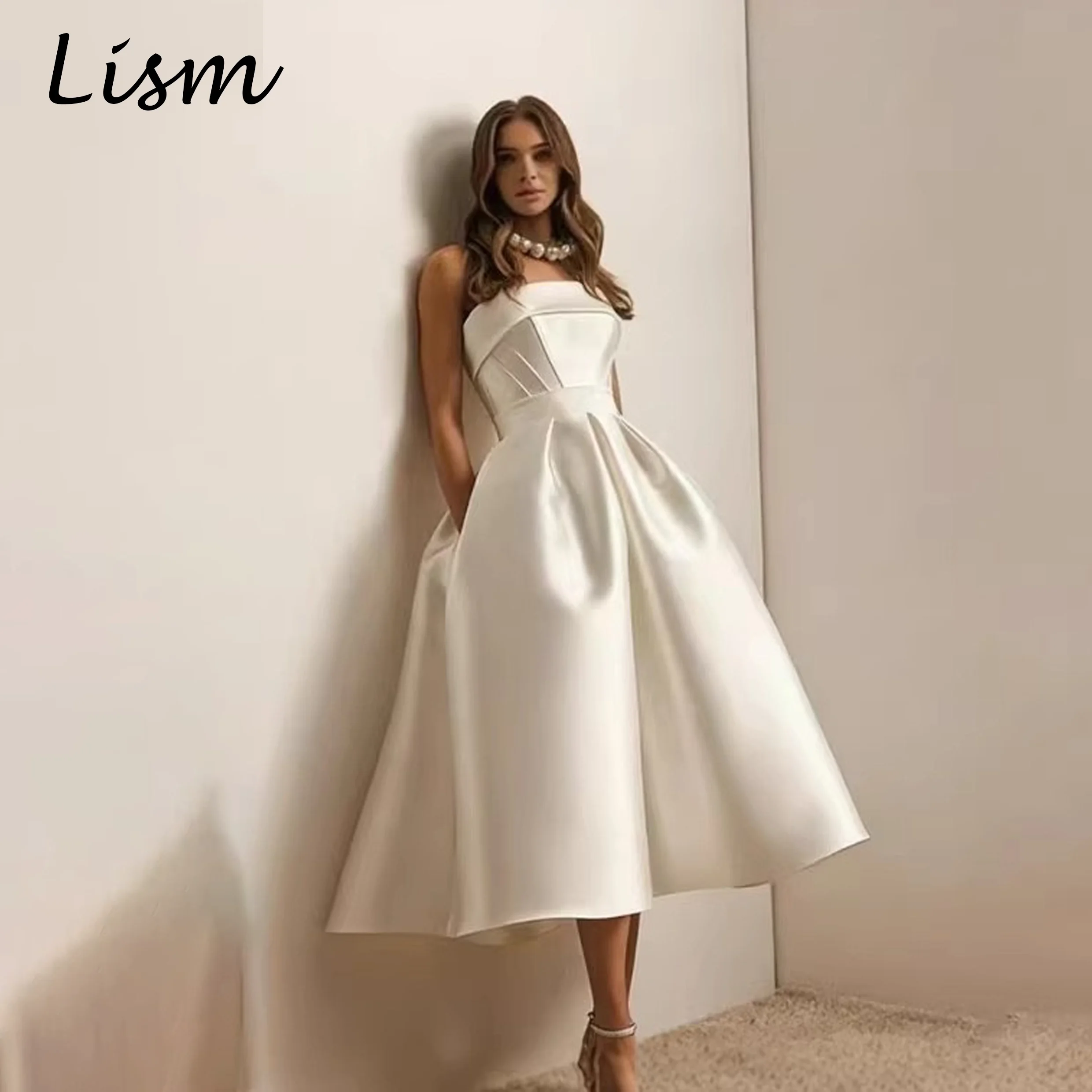 

Lism Modern Tea-Length Wedding Dress A-line Regular Strapless Contains Pockets Zip Back Satin Robe De Mariée Customized