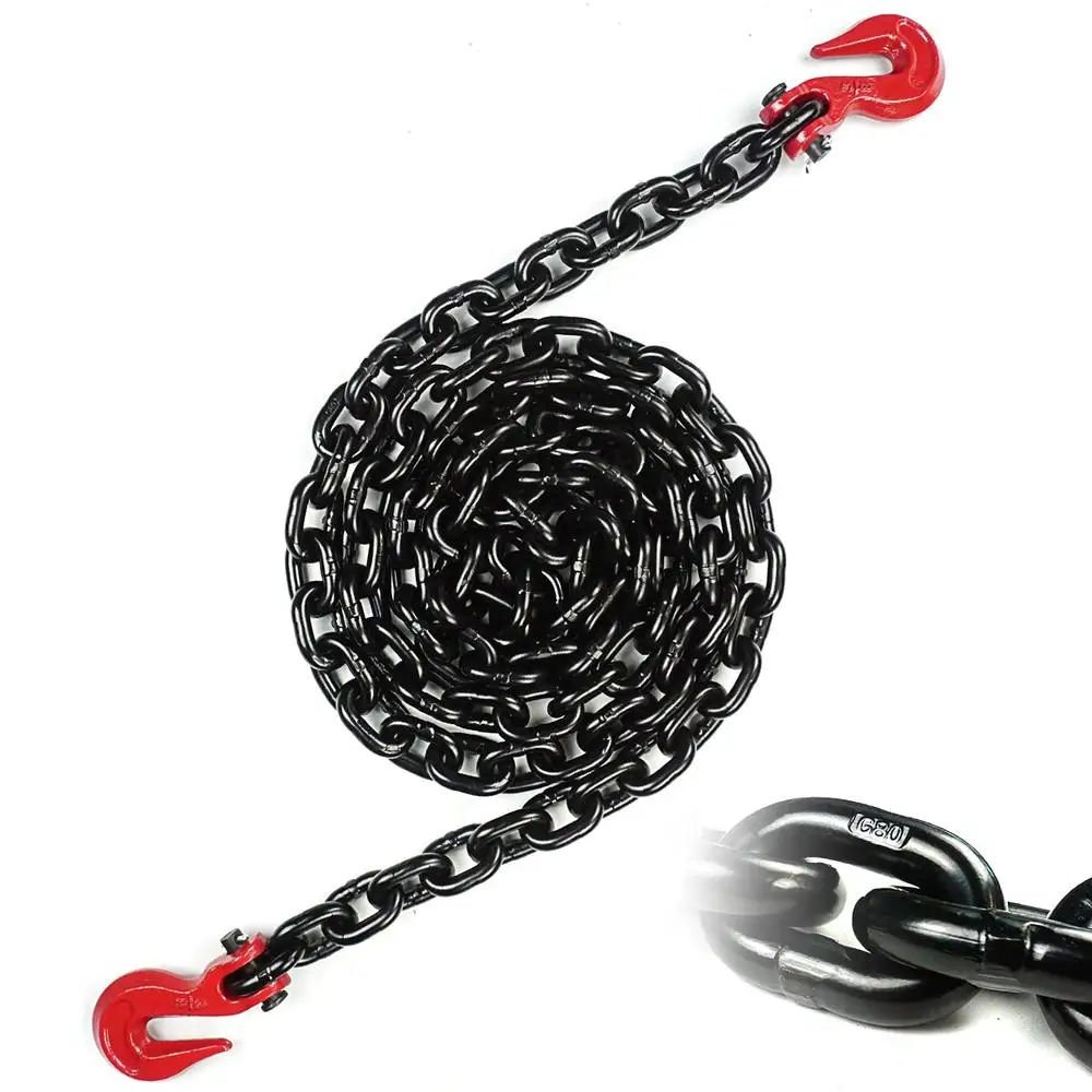 G80 3/8'' x 10FT Tow Chain with Clevis Grab Hooks 7100Lbs Working Load Transport Chain Flatbed Secure Heavy Loads Rigorous Use.