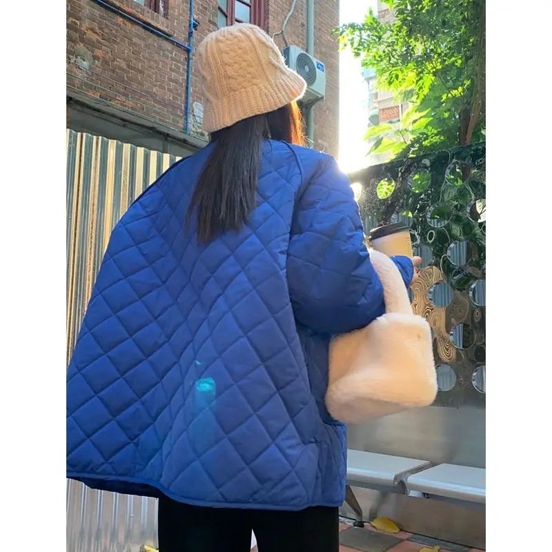

Klein Blue Diamond Pattern Thiened Cotton Jaet Winter New Lazy Bf Sle Warm Women's Mid-Length Coat round Ne Single Bu...