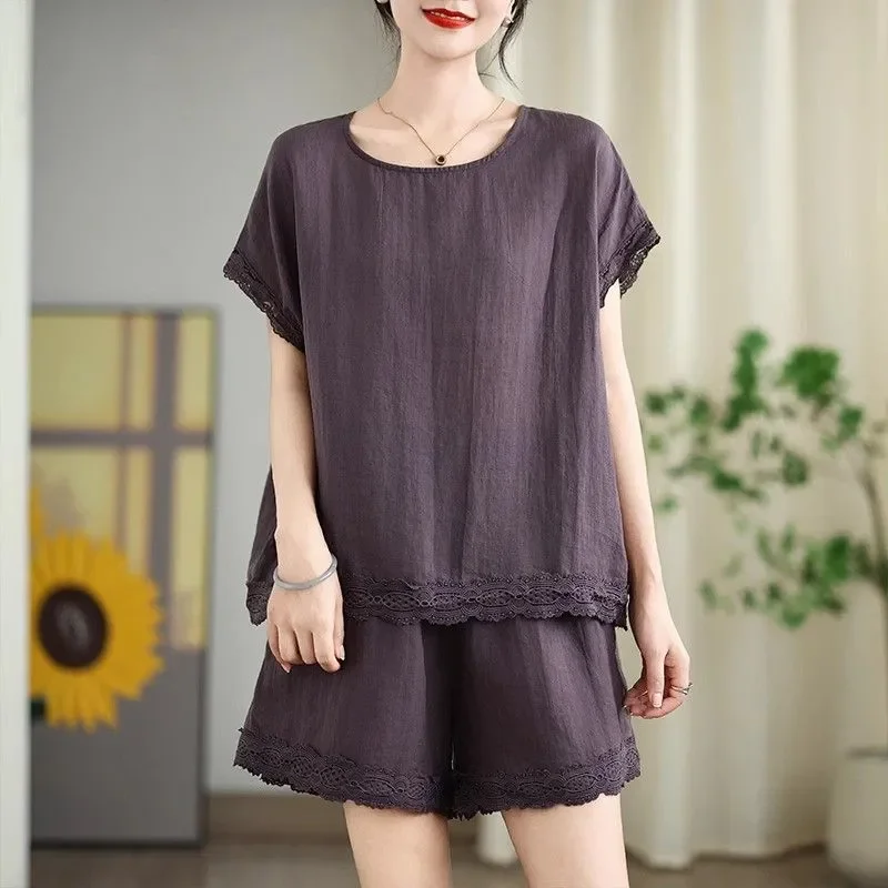 

Summer Literary Cotton Linen Suit Fashionable Lace Top Loose Short-sleeved Lace Wide-leg Shorts Solid Color Two-piece Set
