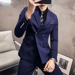 Blazer Vest Pants High-end Boutique Fashion Solid Color Casual Business Office Men's Double-breasted Suit Wedding Dress Party