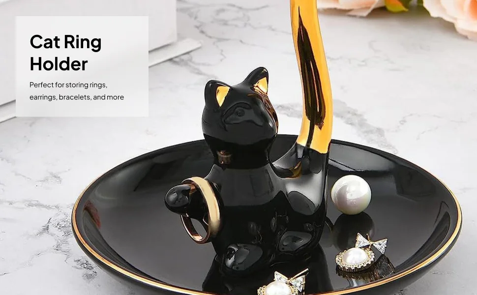حامل خاتم على شكل قطة، صينية تخزين مجوهرات لطيفة مزخرفة، حامل مجوهرات للأساور والقلادة وعيد الميلاد والذكرى السنوية وأعياد الميلاد