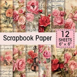 12pcs Vintage Floral Music Sheets Scrapbook Paper for Valentine's Day Wedding,Single-Sided Craft Paper for Journals,Scrapbooking