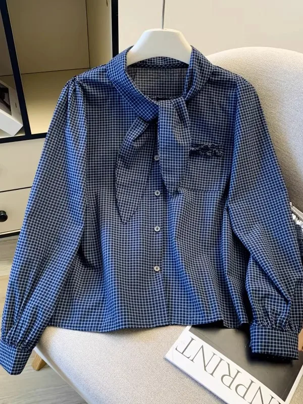 

Elegant Plaid Shirt Women's Spring Fashion Outerwear Long Sleeve Necktie Shirt Age-Defying French Style Regular Thickness
