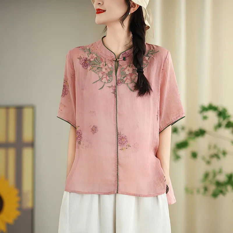 Women Summer Casual Blouses Shirts New Arrival 2024 Chinese Style Vintage Floral Embroidery Loose Female Short Sleeve Tops B3879