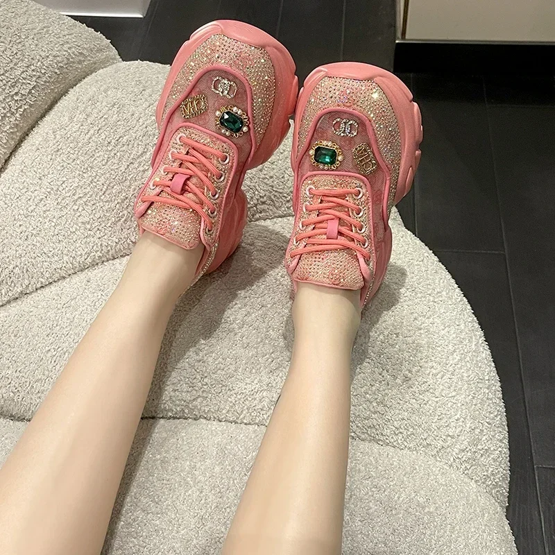 Women Luxury Shoes Vulcanized Sneakers Bling Rhineston Wedges Thick Bottom Platform Lace Up Comfortable Casual Shoe For Female