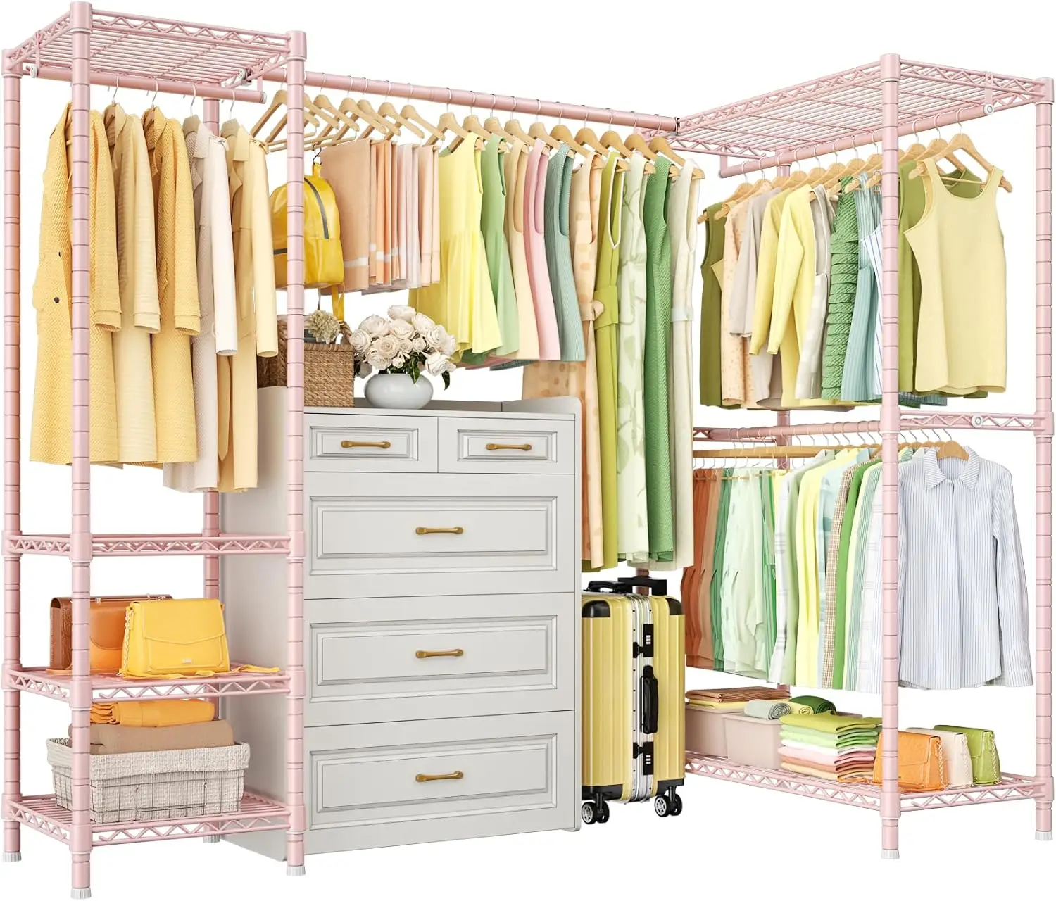 Heavy Duty Freestanding L Shaped Corner Garment Storage Organizer Expandable Hanging Bar Pink Portable Open Wardrobe System Household Multi Purpose Clothing Hanging Storage Holder