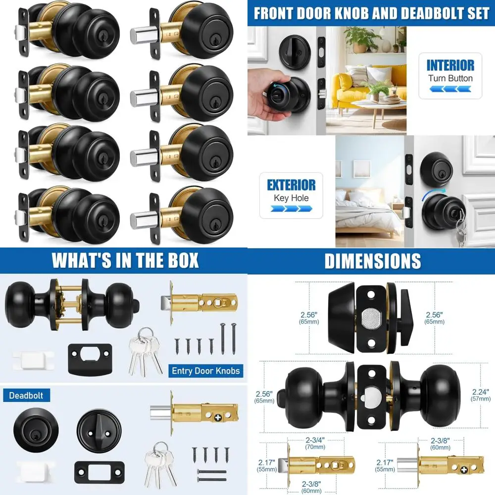 مقبض باب دخول كروي مستدير باللون الأسود غير اللامع ومجموعة كومبو ديدبولت ذات أسطوانة واحدة، بمفتاح على حد سواء للأبواب الخارجية