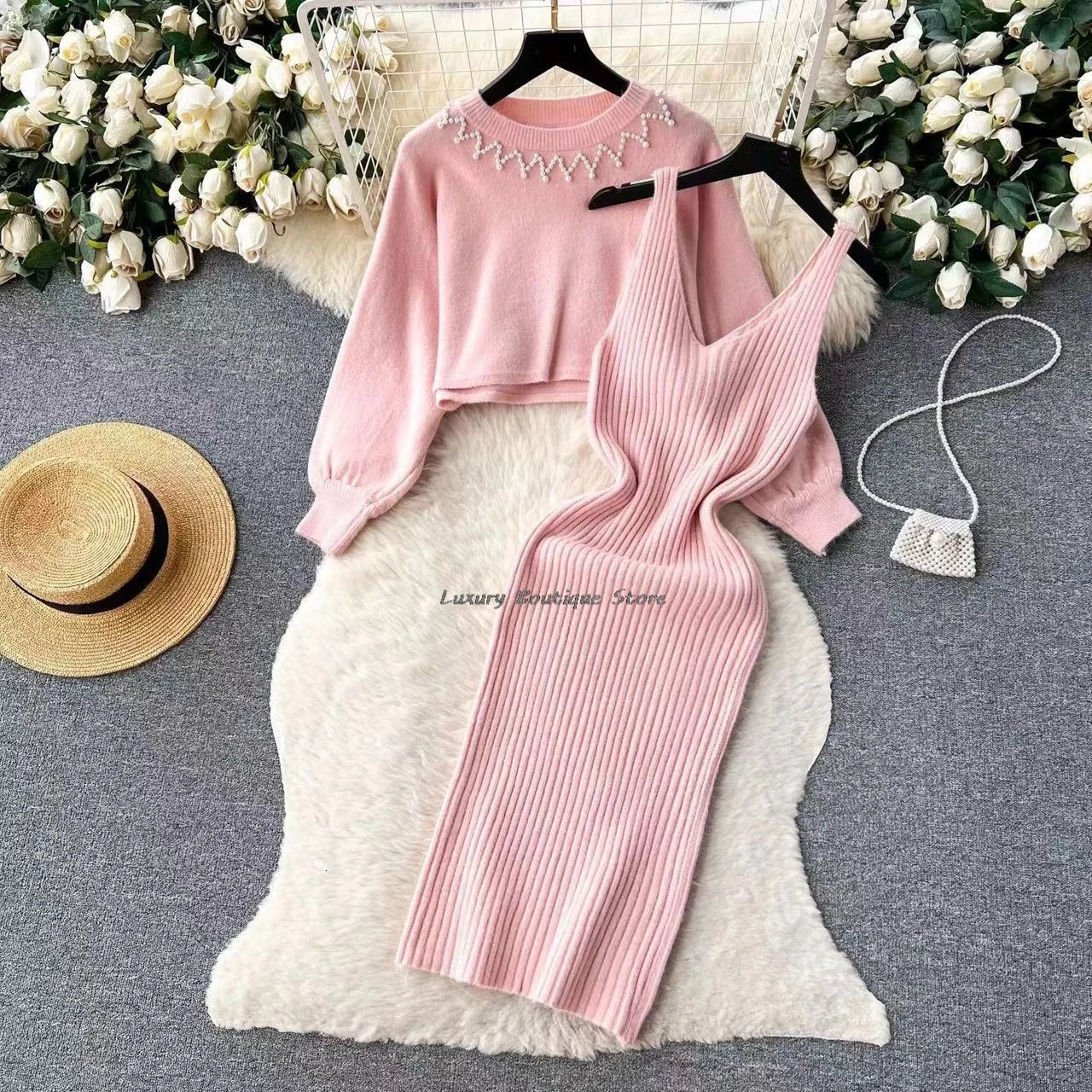 Pearl Lantern Sleeve Sweater And V-neck Tank Dress Twp Piece Set Knitting Pullovers Tight Midi Dress Fashion Winter Outfits 2024