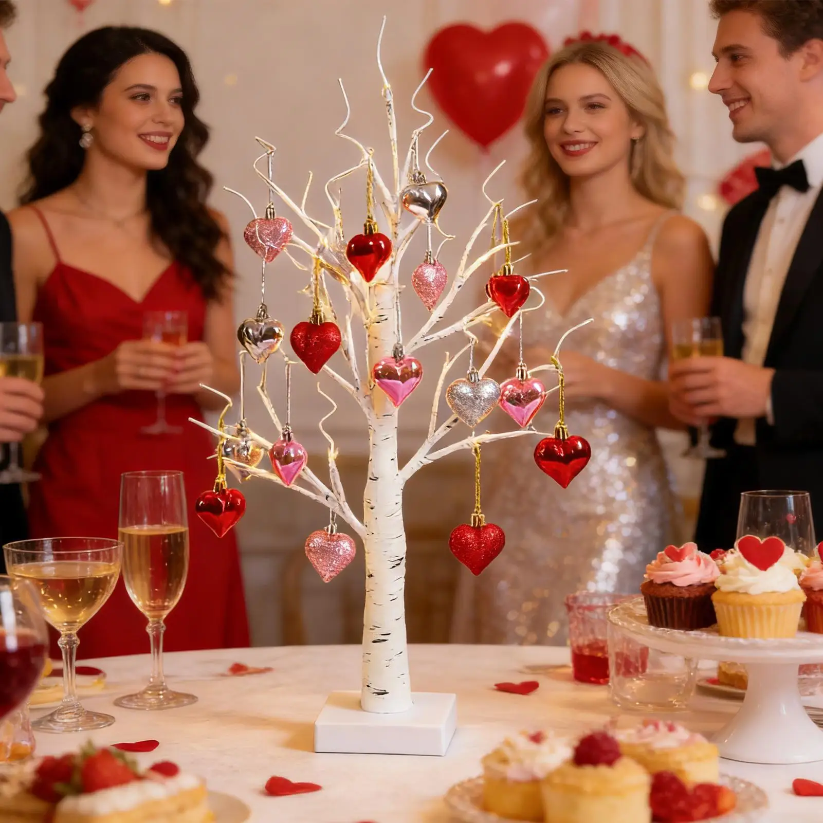 Valentinstag-Beleuchtung: Birkenbaum mit 24 LED-Lichtern und 18 herzförmigen Hängedekorationen, romantische Leuchtende Birken-Dekoration
