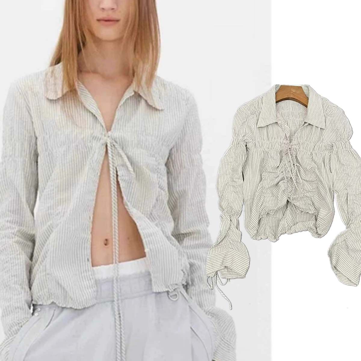 

Jenny&dave 2026 Woman Clothes French Lazy White Lace-up Shirt Minimalist Solid Color Pleated Cotton Summer Shirt Tops For Women