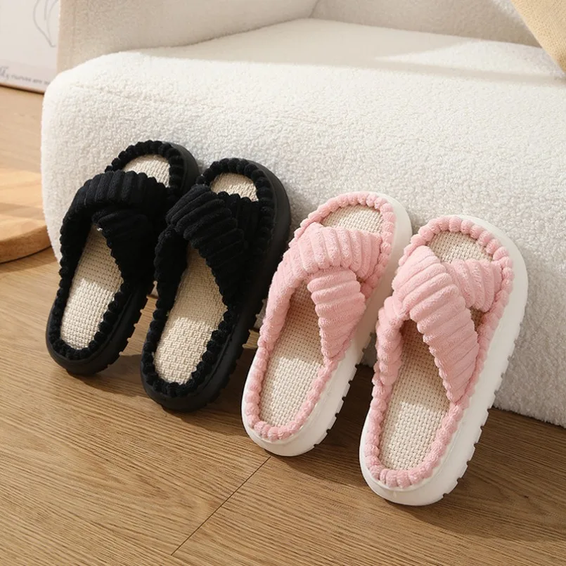 

House Slippers Women Platform Summer Cute Linen Couples Indoor Non Slip Thick Funny Sandals Cartoon Kawaii Home Shoes Cross Band