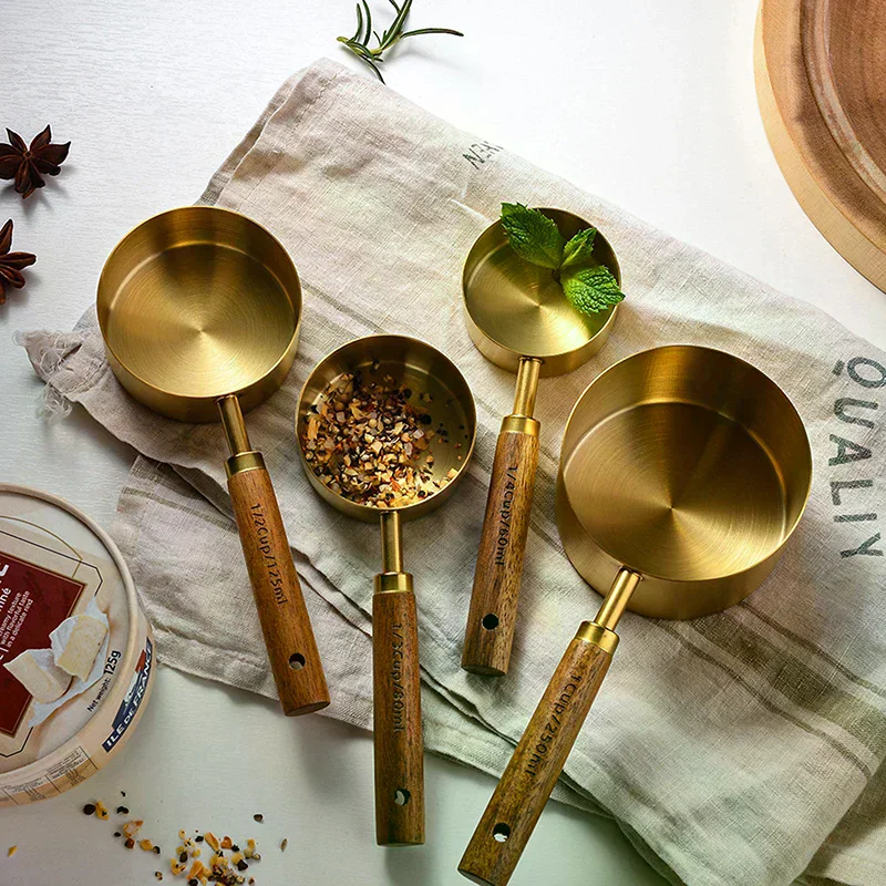 Coffee Measuring Spoon Set Bartending Scale Accessories Gold Wooden Handle Stainless Steel Measuring Cups Spoons Baking Tools