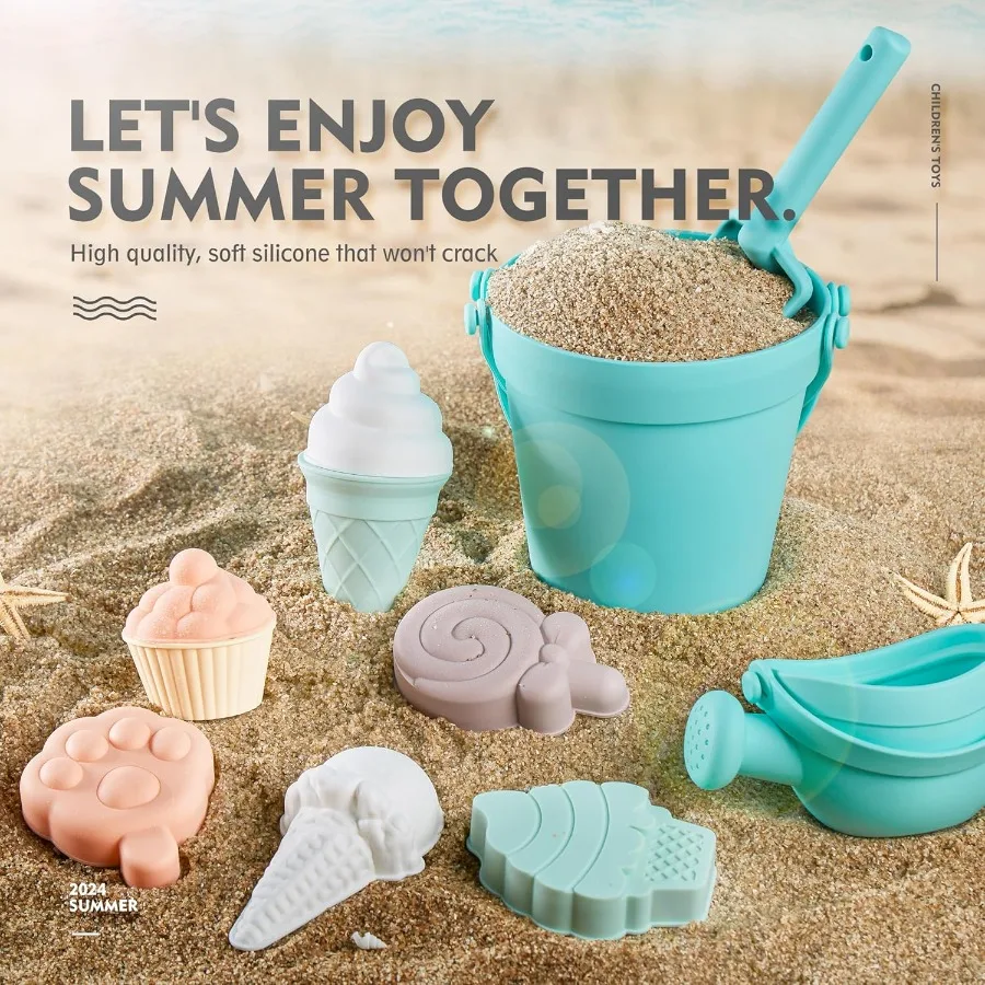 17 Uds juguetes de playa de silicona, juguetes de playa modernos para bebés, juego de playa apto para viajes, cubo de silicona, regadera, pala, 12 moldes de arena,