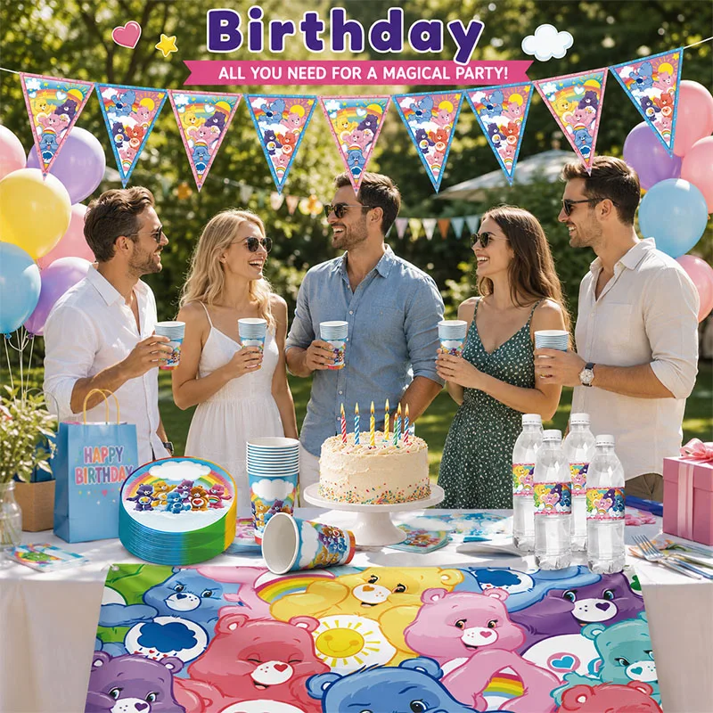 Bunte Care Bears Anime-Themen Teller, Becher, Banner und Hintergrund – Stilvolles Set für Geburtstagsfeiern und Familientreffen mit Geschenken – Detail 6