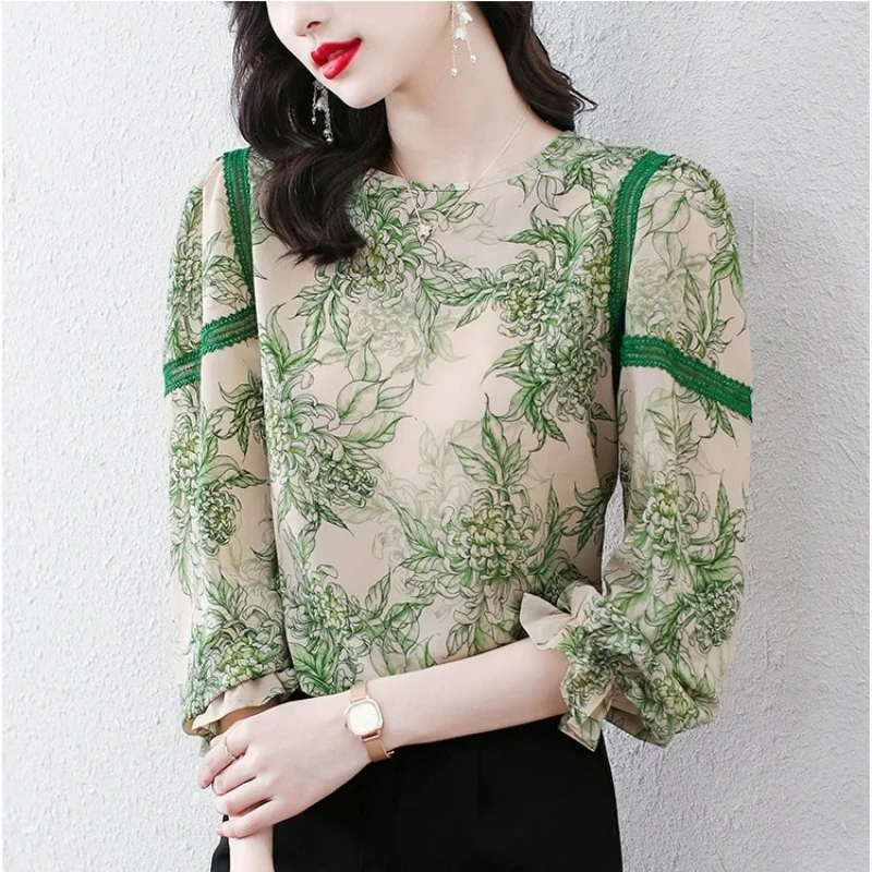 

Fashion Printed Lace Bell Sleeve Chiffon Shirt Women's Spring Clothing 2025 New Fashion Spring Shirt Women's Tops