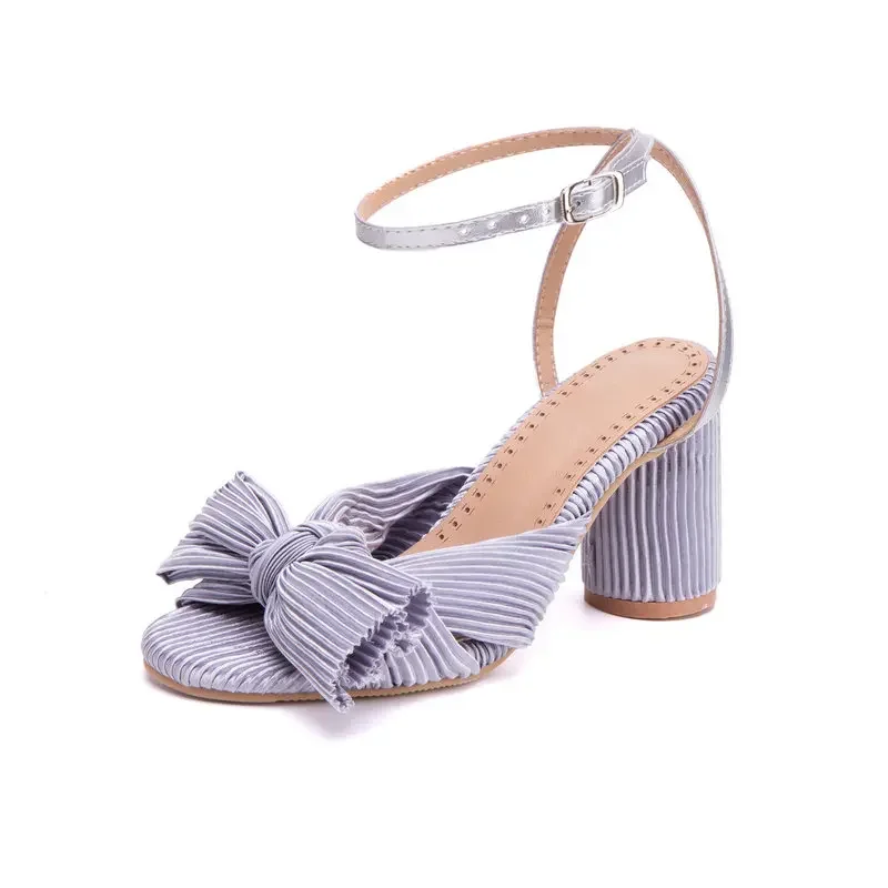 Extra Big Size 51 52 53 54 Pleated Satin Fabric Open Toe Sexy Party Round High Heels Bright Purple Gold Pink Women Sandals M-128