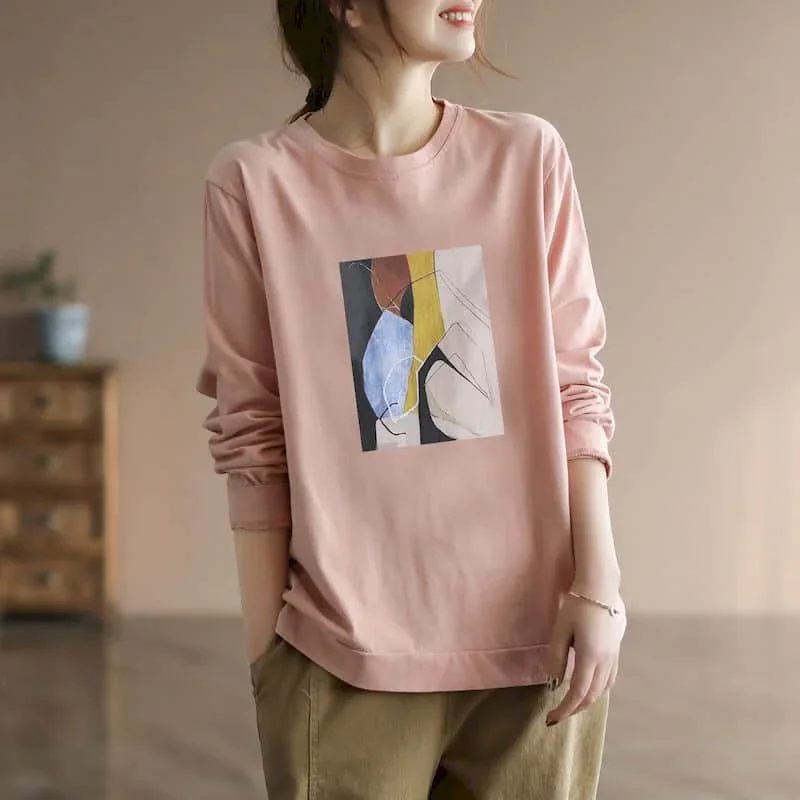 Pop Literary T-shirts Women Harajuku Abstract Print Tees Oversized Casual Korean Style Long Sleeve O-neck Aesthetic Clothes Tren