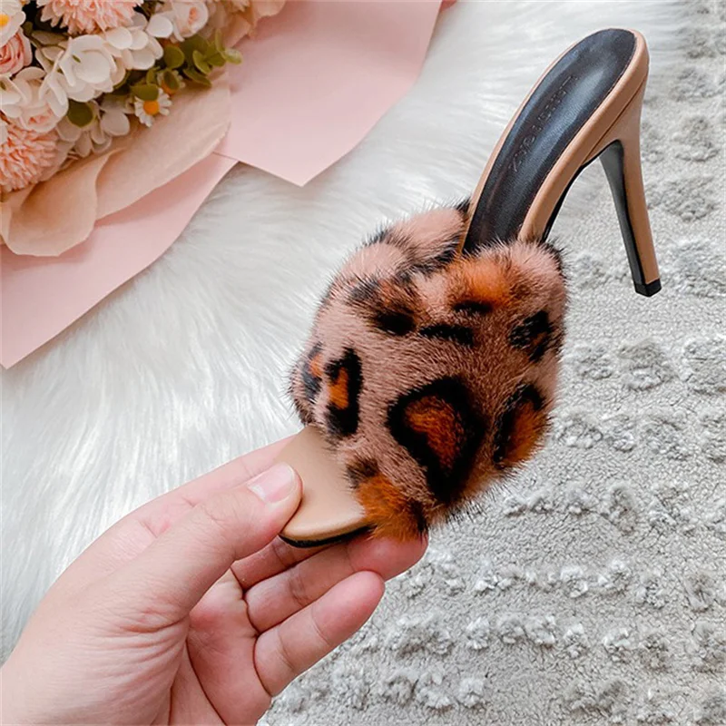 Summer Women's Fur Heels Sexy Fashion Leopard Print Design Peep-toe High-heeled Slippers Luxury Mink Fur High-heeled Slippers
