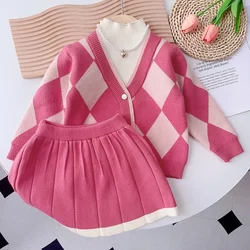 Autumn and Winter 2-6 Year Old Girls Geometric Print Knitted Cardigan+skirt Two-piece Set College Style Children's Clothing