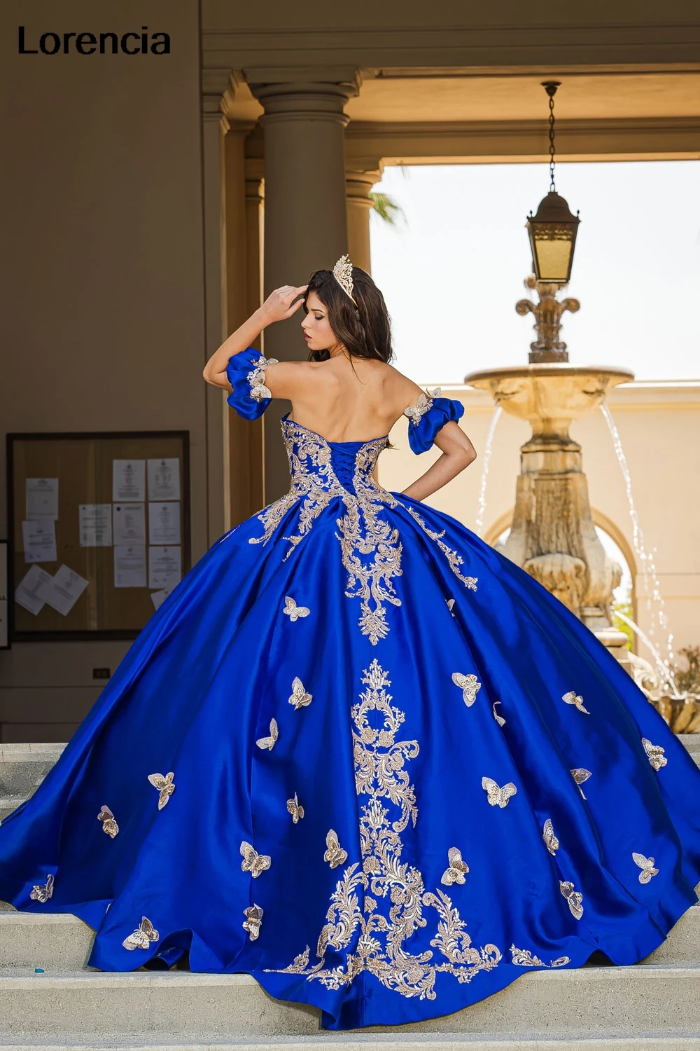 Lorencia-vestido De quinceañera azul real De México, vestido De baile, corsé De cuentas con apliques De mariposa dorada, dulce 16, 15 Años, YQD841