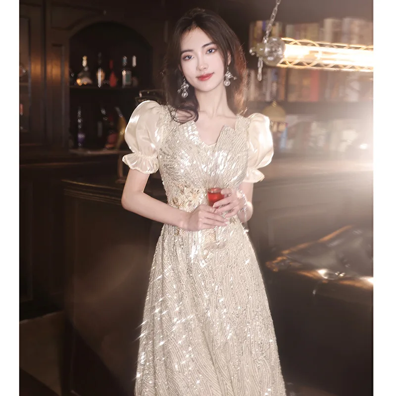 

Sequin Banquet Evening Dress Women V-neck Puff Sleeves Shiny Blingbling Homecoming Dresses Exquisite Elegant Host Gala Gown