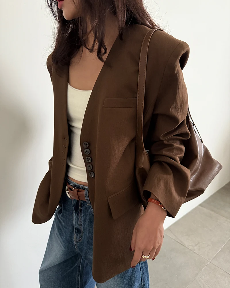 3Colors Autumn Spring 2026 Office Lady Wear Long Sleeve blazers womens V Neck Black jacket and coats Loose blazer womens(JJ1957