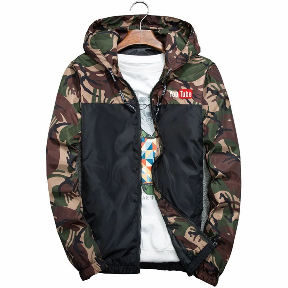 YouTube 2023 Men's New High Quality Fashion Camouflage Stitching Windbreaker Casual Jackets Coats Zipper Hoodies Sportswear Tops