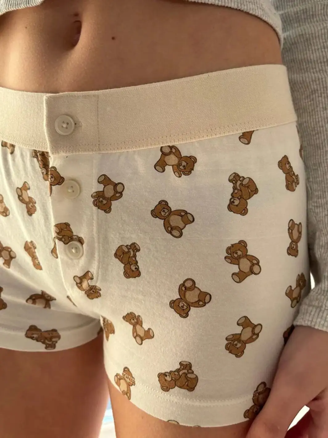 Little Bears Print Straight Shorts Women Buttons Patchwork Elastic Waist Casual Short Pants Summer Cute Cotton Home Underwear