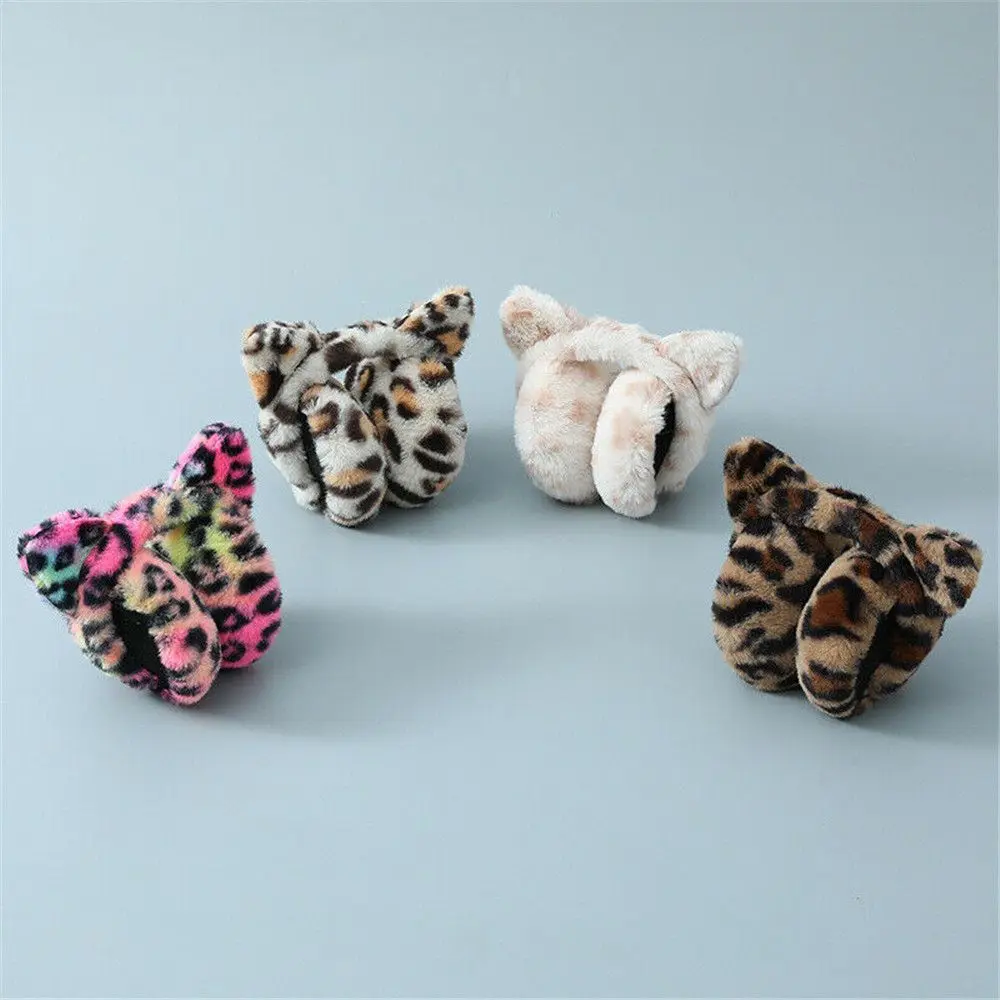 Creative Leopard Print Earmuffs Cute Foldable Ear Muffs Winter Warm Plush Ear Warmer Fashion Women Plush Earflaps Gifts