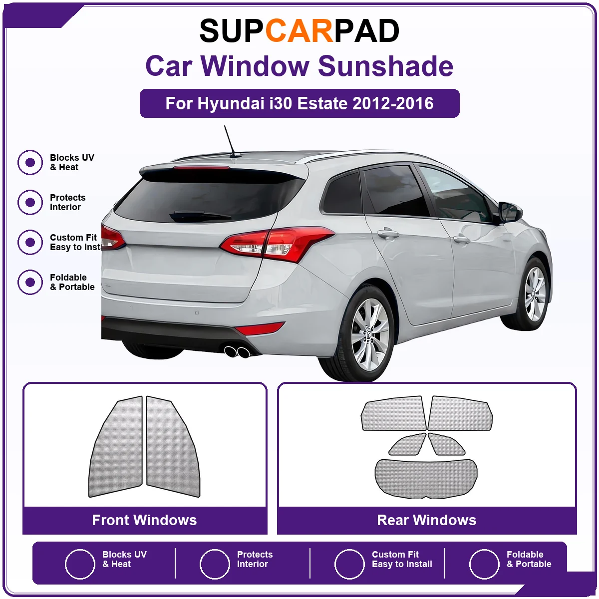 For Hyundai i30 Estate 2012-2016 Pre‑Cut Auto Window Sunshade Anti‑UV Car Sun Visor Protector
