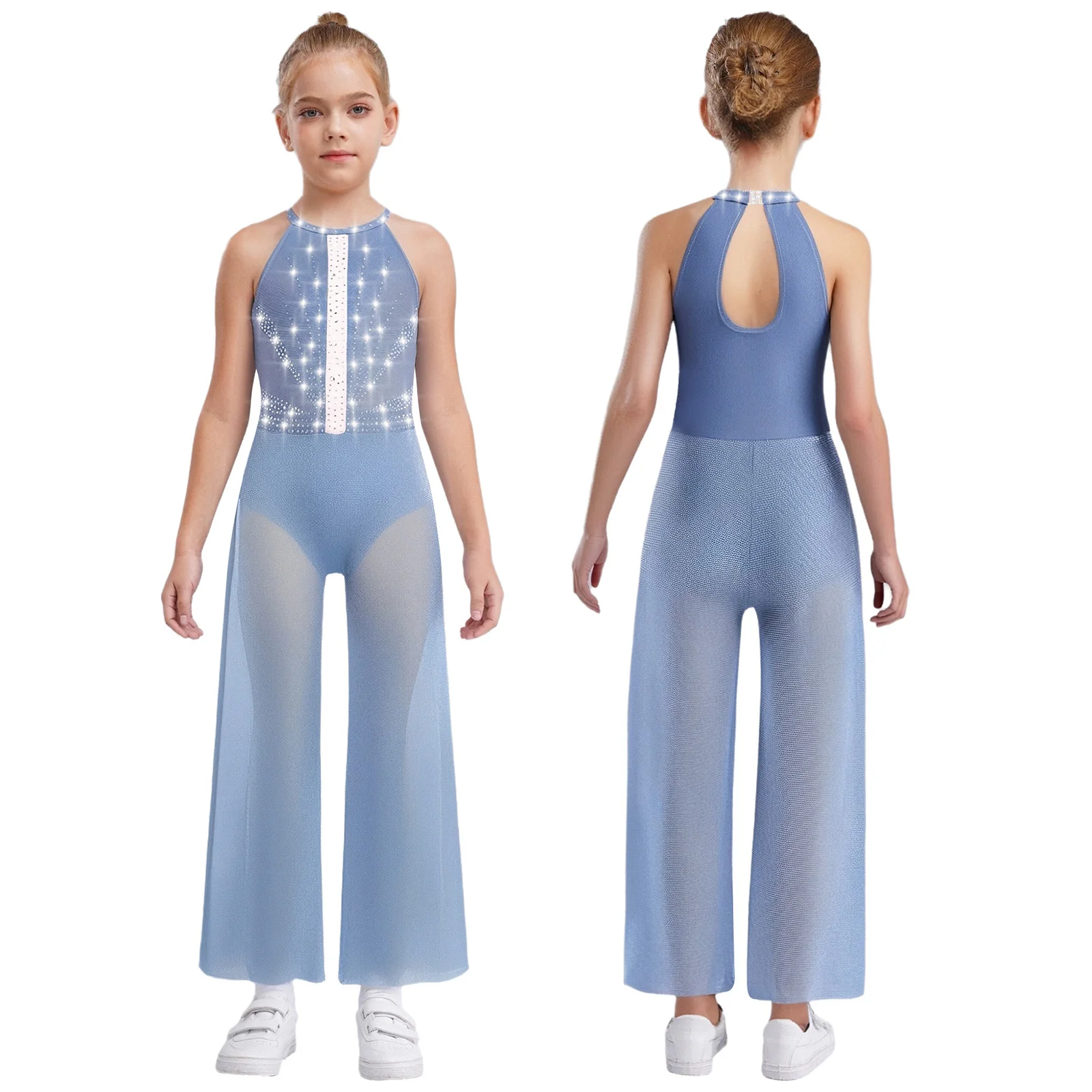 

Girls Lyrical Dance Costume Ballet Jazz Bodysuit Shiny Rhinestones Sleeveless Keyhole Back Wide-Leg Sheer Mesh Dance Jumpsuit