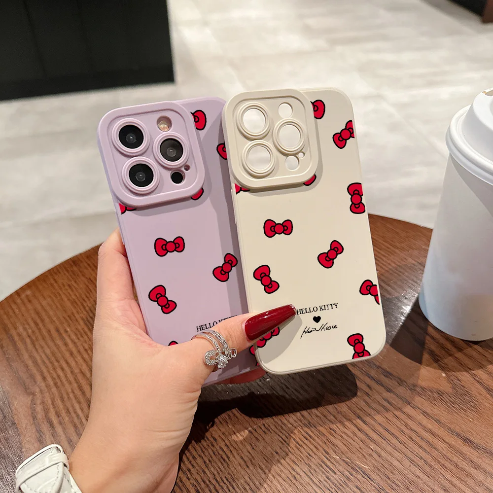 Cute Hello Kitty Bows Pupil Full Screen Phone Case For iPhone 16 15 14 13 12 11 X XR Xs SE2 SE 8 7 Plus Pro Max Mini Silicone