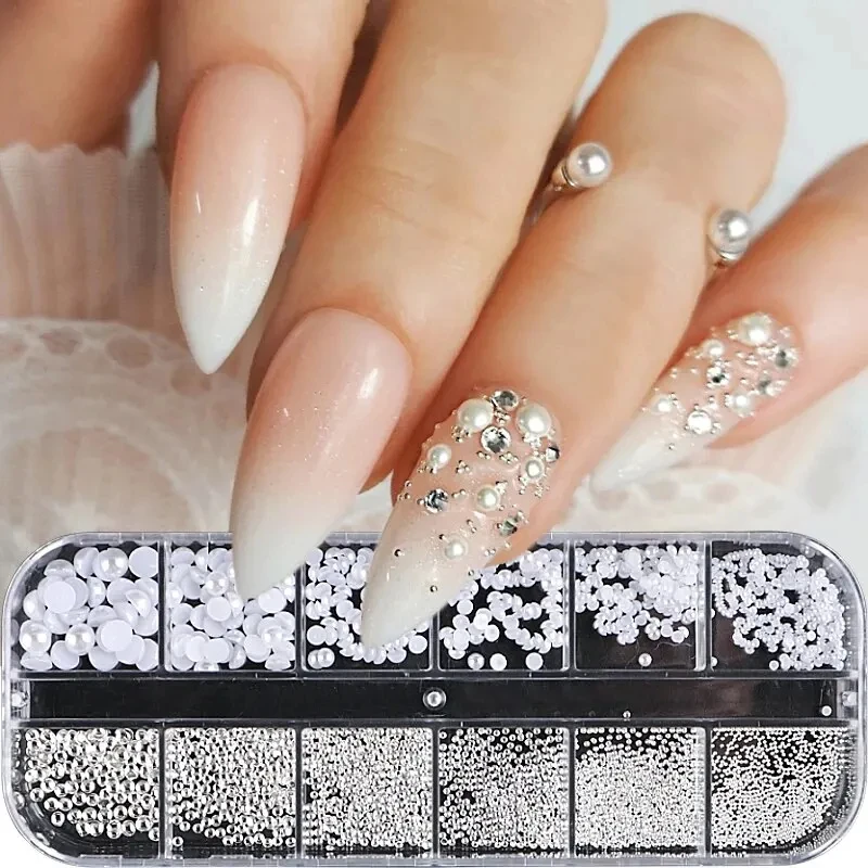 1 boîte de 12 grilles blanc demi-rond perle Nail Art décoration taille mixte argent or Mini boule en acier Rivet strass ongles 2030