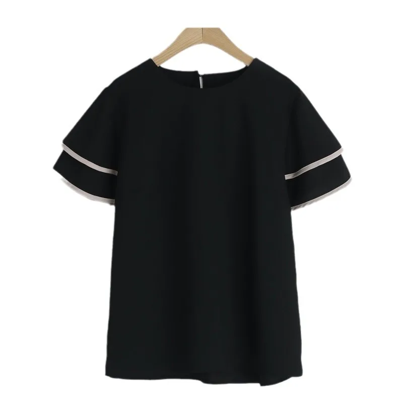 한국 스타일 신제품 3가지 색상 여름 이중 레이어 러플 소매 라운드 넥 쉬폰 블라우스 여성 우아한 루즈 탑 고품질