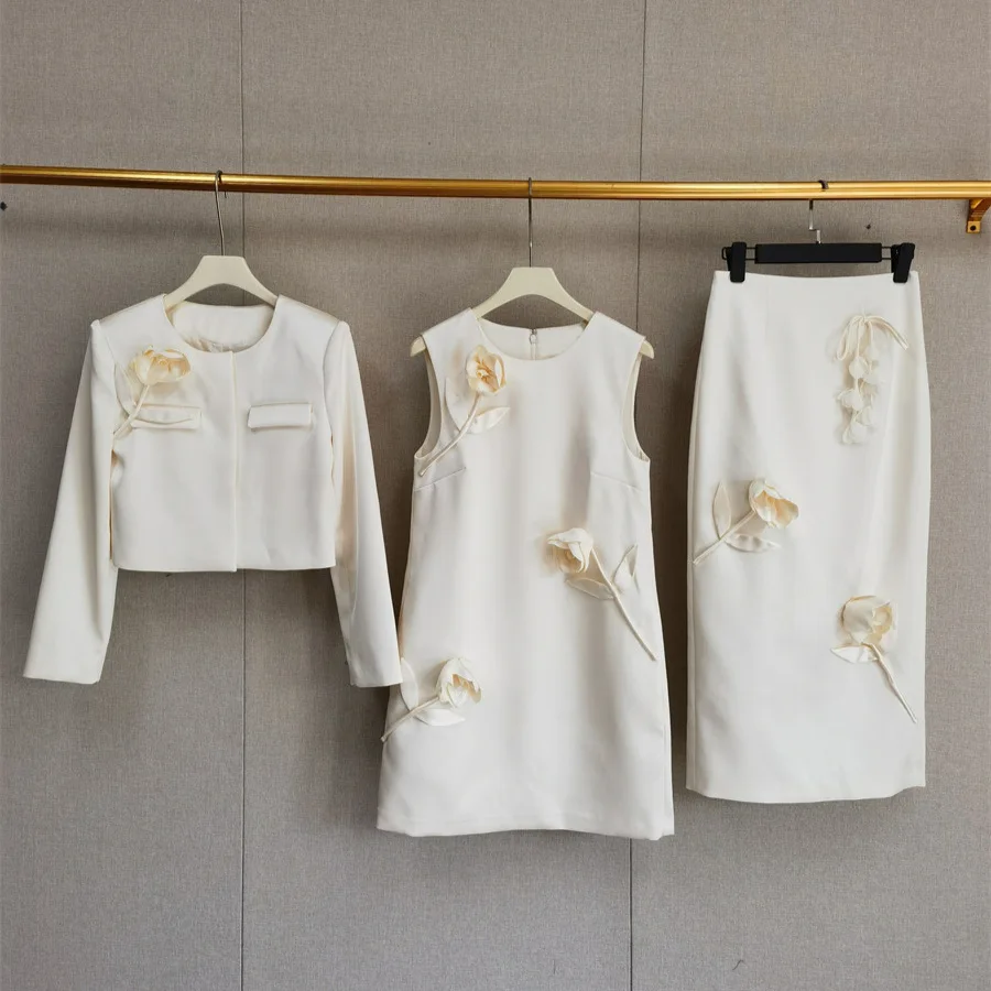 

New Chinese Style Suit Three-dimensional Rose Decoration Dress Coat Skirt French Niche 2025 Early Spring New Women's Clothing