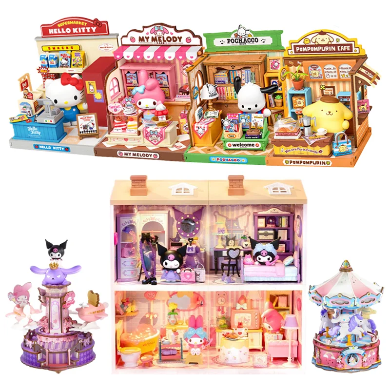 Sanrio Wooden Building Blocks DIY House Music Box Desktop Decoration Puzzle Assembling Model Toys Birthday Gifts for Kids