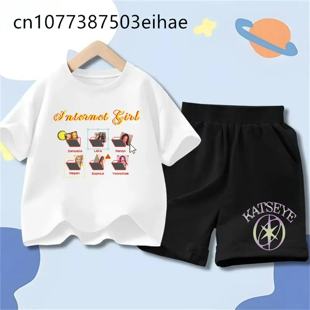 Katseye Girl Group Print Kids T-shirts Summer Round Neck Short Sleeve Children's Clothing Fashion Casual Shorts Set