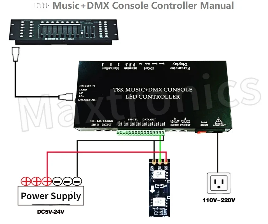 8CH Port Music+DMX Console LED Controller T8K RGBIC SPI-TTL With Mic in/Aux in for WS2812 WS2813 WS2815 WS2811 Led Strip/Module