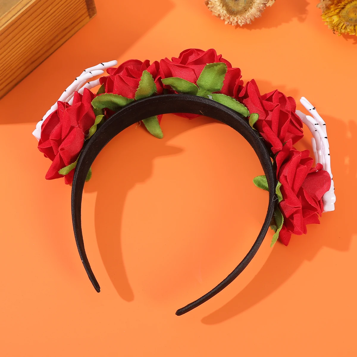 AWAYTR Halloween Skeleton Hand Simulated Flowers Headbands New Red Rose Hairbands for Women Headbands Festival Hair Accessories